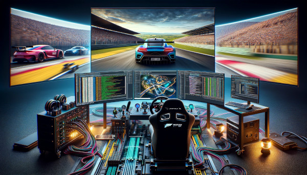 DALL-E stellt sich unseren Arbeitsplatz vor, als wir Unterstützung für Forza Motorsport hinzugefügt haben. Dem roten und blauen Auto steht ein schlechter Tag bevor. Mir übrigens auch, wenn ich versuche, über all diese Kabel zu steigen. Ein von einer KI erdachter Schreibtisch mit vielen Kabeln und einem schnell aussehenden Auto.