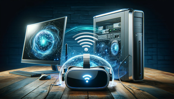 DALL-E hat sich dieses Bild ausgedacht, als wir darum gebeten haben, sich ein VR-Headset vorzustellen, das über WLAN mit einem PC verbunden ist. Die Quest 3, über WLAN mit einem PC verbunden – wie von einer KI erdacht.