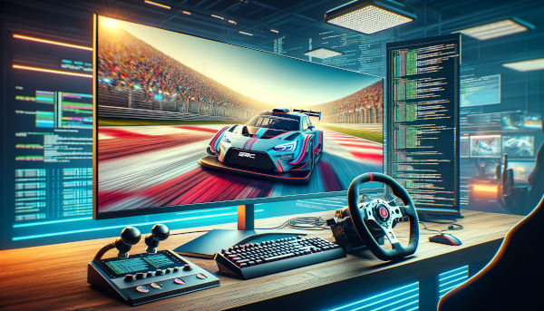 DALL-E hat sich dieses Bild ausgedacht, als wir darum gebeten haben, sich vorzustellen, wie unsere Arbeit aussieht, wenn wir Unterstützung für das neue EA SPORTS WRC hinzugefügt haben. Ein von einer KI erdachter Schreibtisch mit viel Code und einem schnell aussehenden Auto.